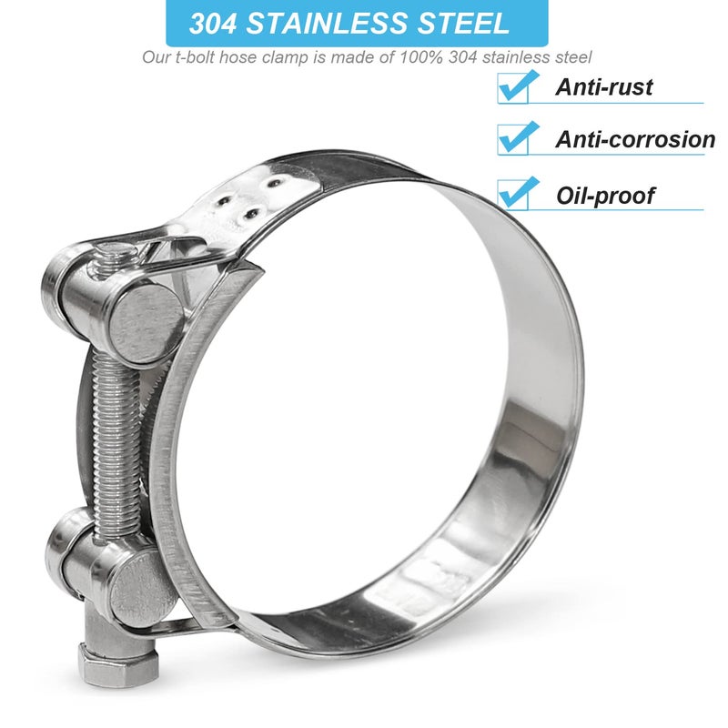 AKIHISA 2 Pack 56-59mm ID Range T-Bolt Hose Clamp 304 Stainless Steel Adjustable Heavy Duty Tube Clamp 2.2 To 2.32 Inch - Image 3